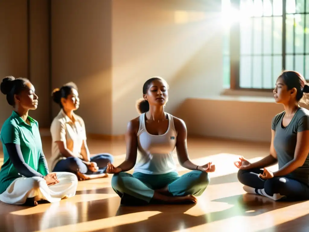 Trabajadores de ONGs practicando meditación para la gestión del estrés en un ambiente cálido y sereno