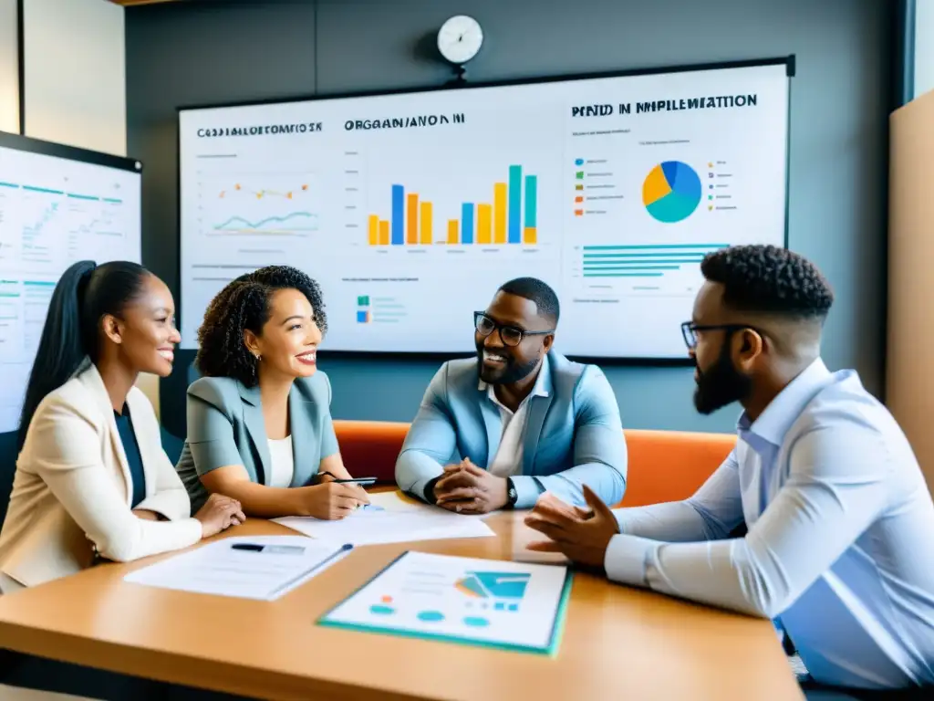 Reunión colaborativa de ONGs discutiendo la implementación de AI Trabajadores de ONGs colaboran en la implementación de IA, rodeados de gráficos y papeles, en una atmósfera de determinación y colaboración