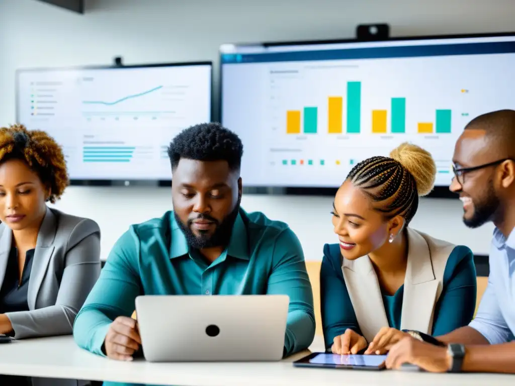 Trabajadores de ONGs colaborando en plataformas de elearning para ONGs en una sala moderna y luminosa, con gráficos y contenido educativo en pantallas