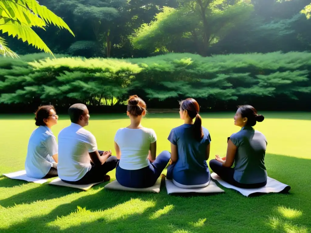 Trabajadores de ONGs practicando mindfulness en retiro de autocuidado, rodeados de naturaleza serena y luz suave