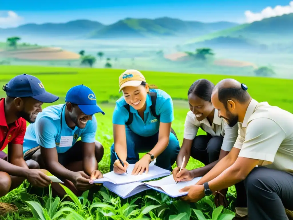 Trabajadores de ONG colaborando en proyecto rural, aplicando la Metodología PMD Pro para ONGs, inmersos en comunidad y naturaleza exuberante