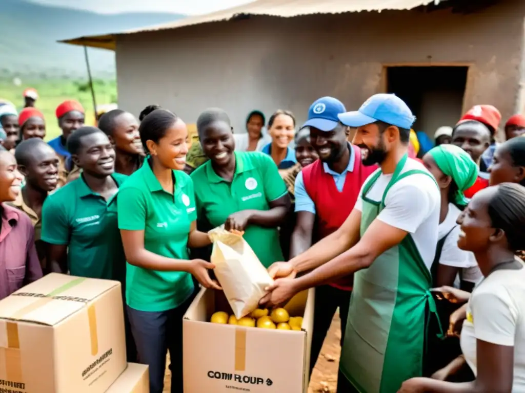 Trabajo en equipo de ONGs internacionales distribuyendo ayuda humanitaria con normas ISO