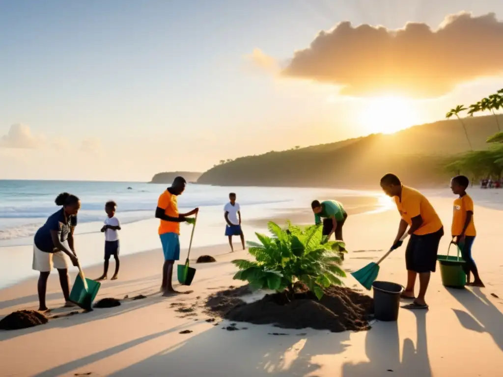 Turismo sostenible: Comunidad y turistas plantando árboles y limpiando la playa al atardecer, creando un ambiente inclusivo y colaborativo