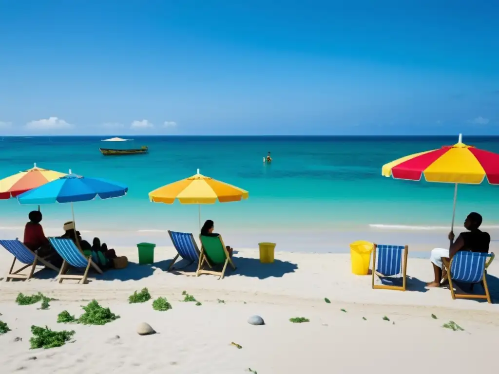 Turistas y lugareños colaboran limpiando la playa, bajo un cielo azul