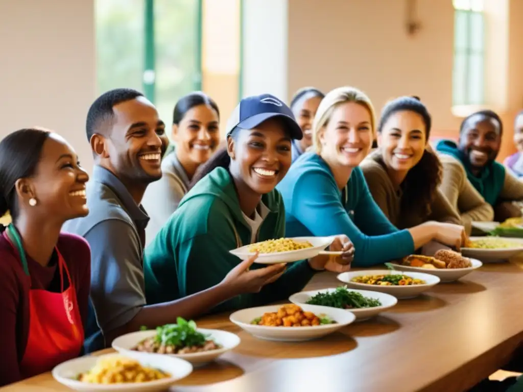 Unidos en comunidad, voluntarios y beneficiarios comparten comida en centro comunitario