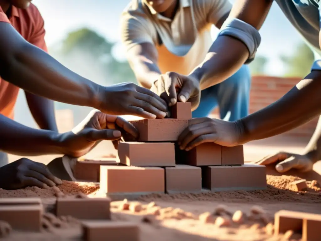 Unidos, manos construyendo una base sólida para un nuevo centro comunitario, reflejando la colaboración y la esperanza