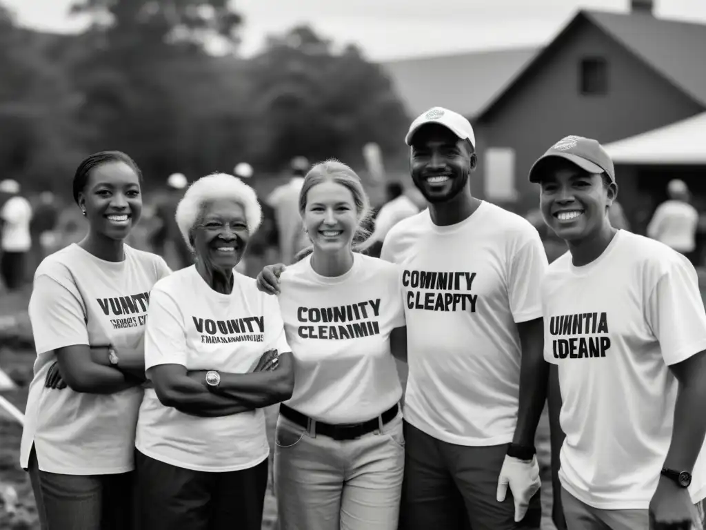 Unidos en la acción, voluntarios de diversas edades y orígenes trabajan juntos en un proyecto comunitario, mostrando empatía y compromiso