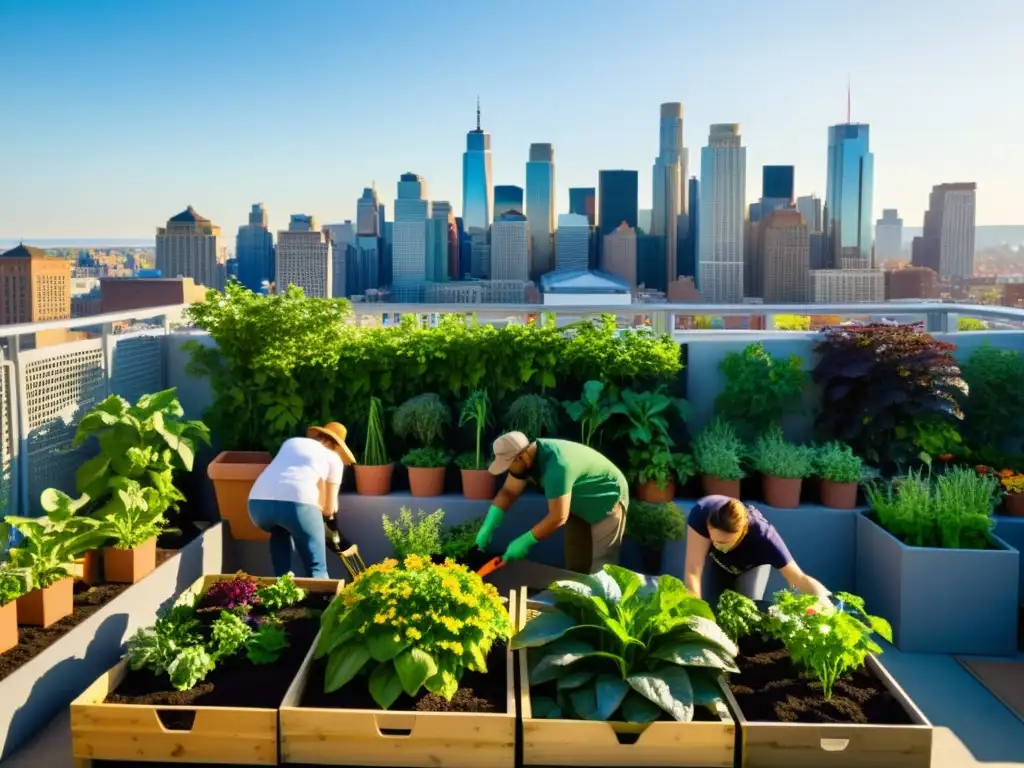 Un jardín urbano bullicioso con plantas verdes, flores coloridas y hortalizas variadas