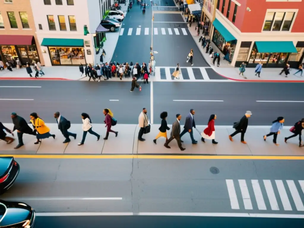 Una vibrante calle de la ciudad muestra diversidad e inclusión, con personas de distintas razas, edades y habilidades colaborando juntas