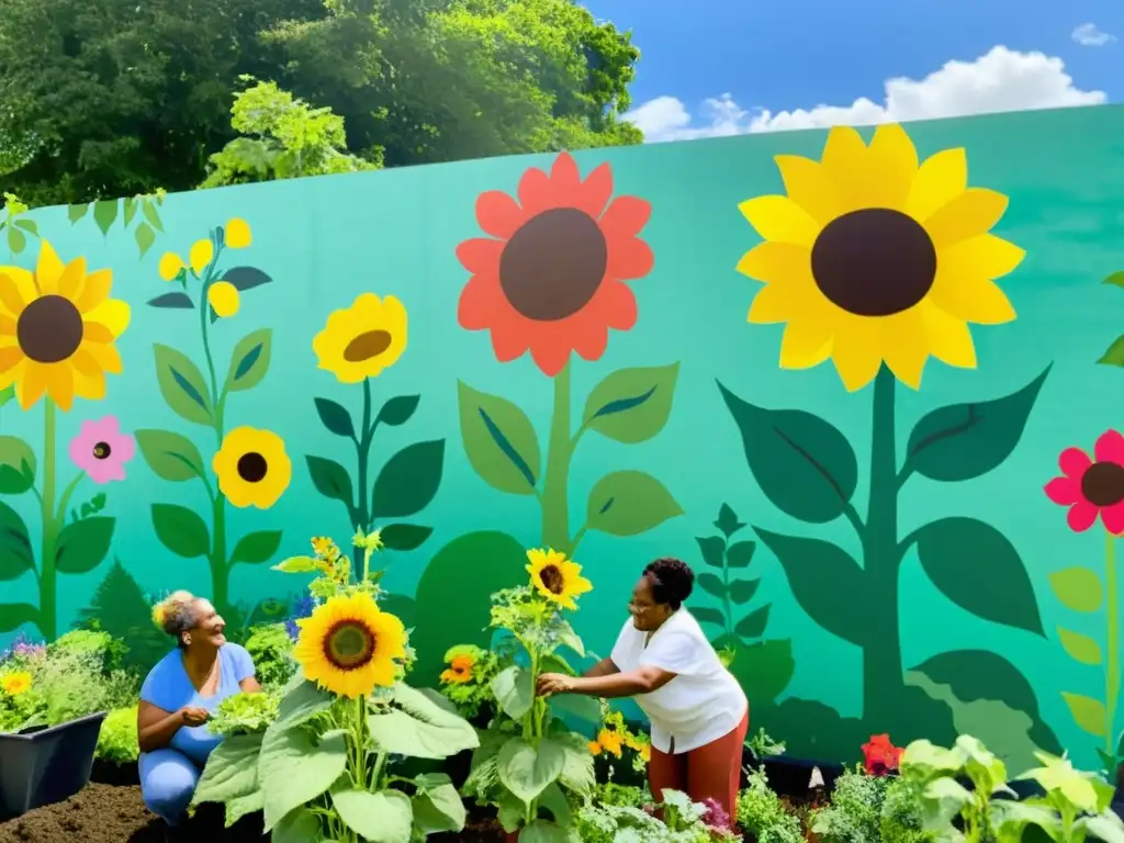 Un vibrante jardín comunitario donde personas de todas las edades cuidan de frutas, verduras y flores