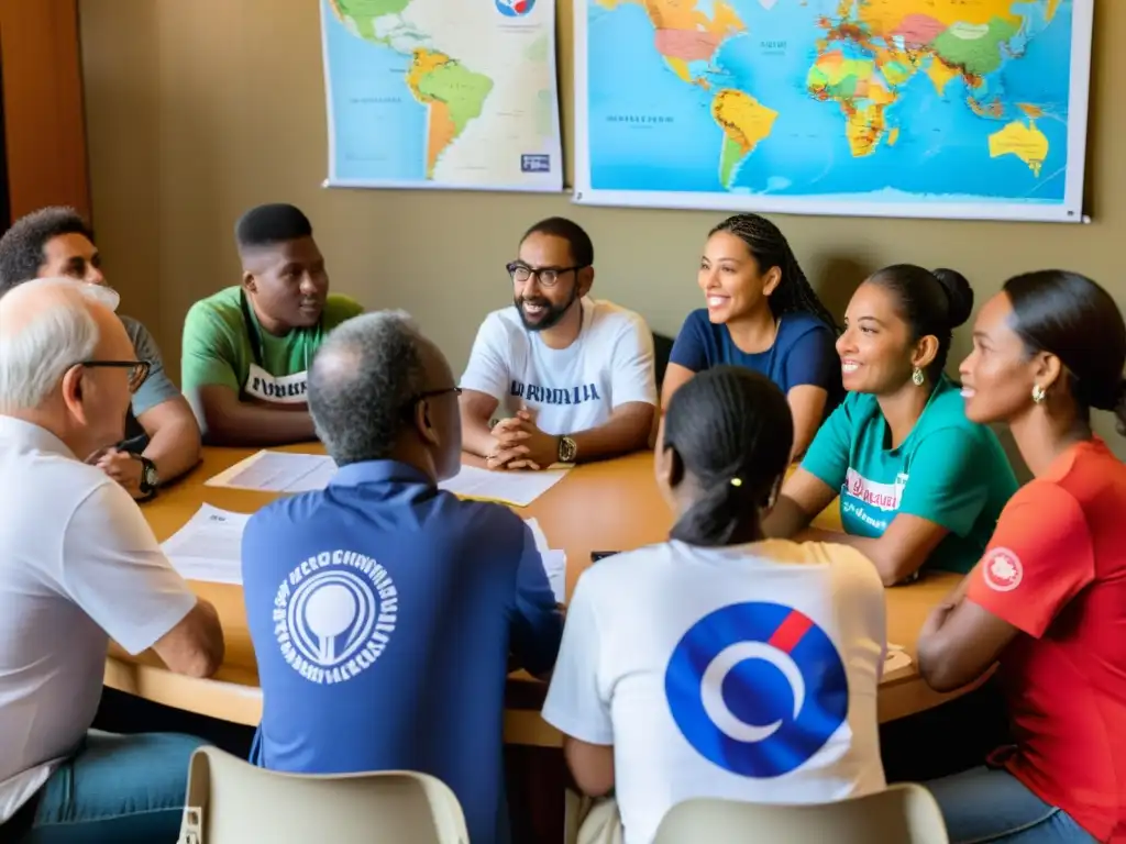 Un vibrante debate intercultural en una reunión de ONGs, con expresiones de determinación y empatía