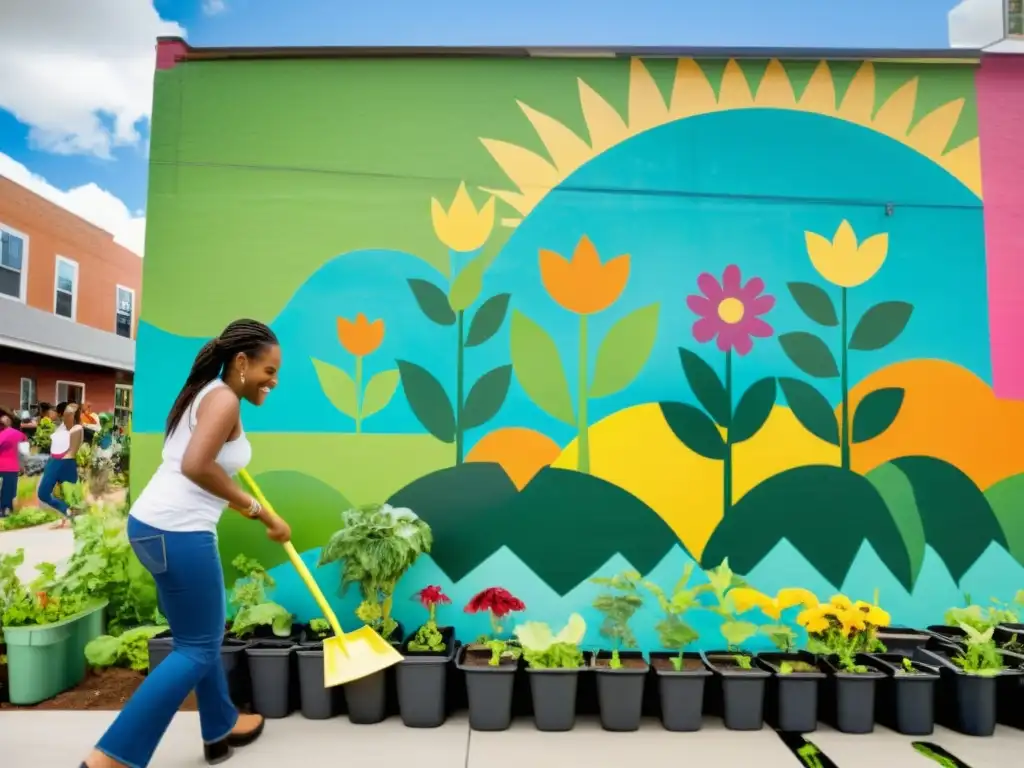 Vibrante escena de desarrollo comunitario urbano con gente diversa participando en proyectos de jardinería, pintura mural y educación juvenil