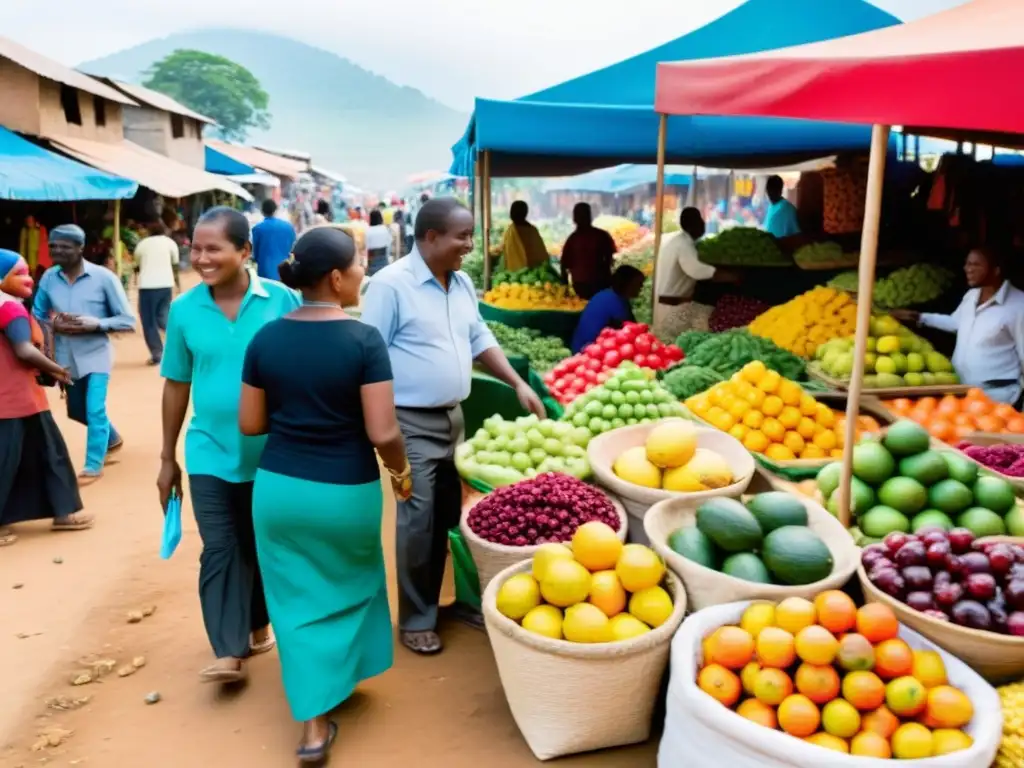 Vibrante escena de mercado con frutas coloridas y artesanías en una economía solidaria que destaca alianzas público-privadas