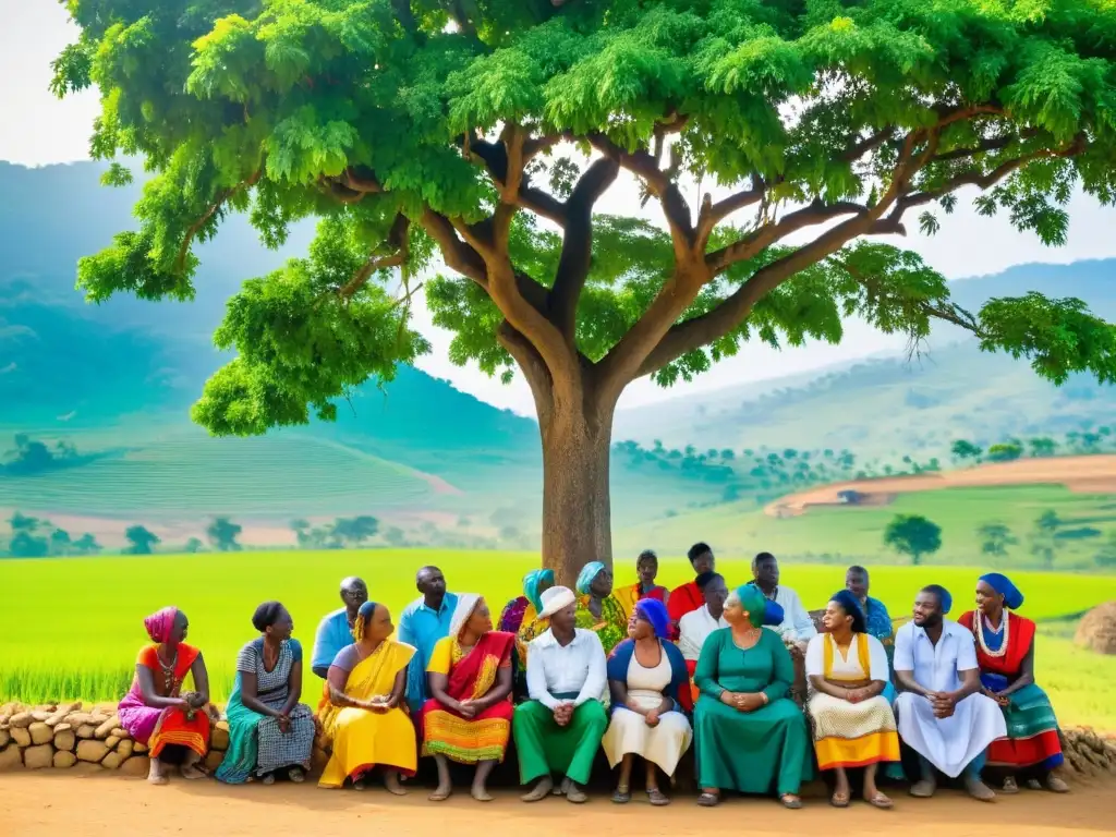 Un vibrante grupo de miembros de la comunidad se reúne bajo un árbol, planeando el desarrollo comunitario en áreas rurales