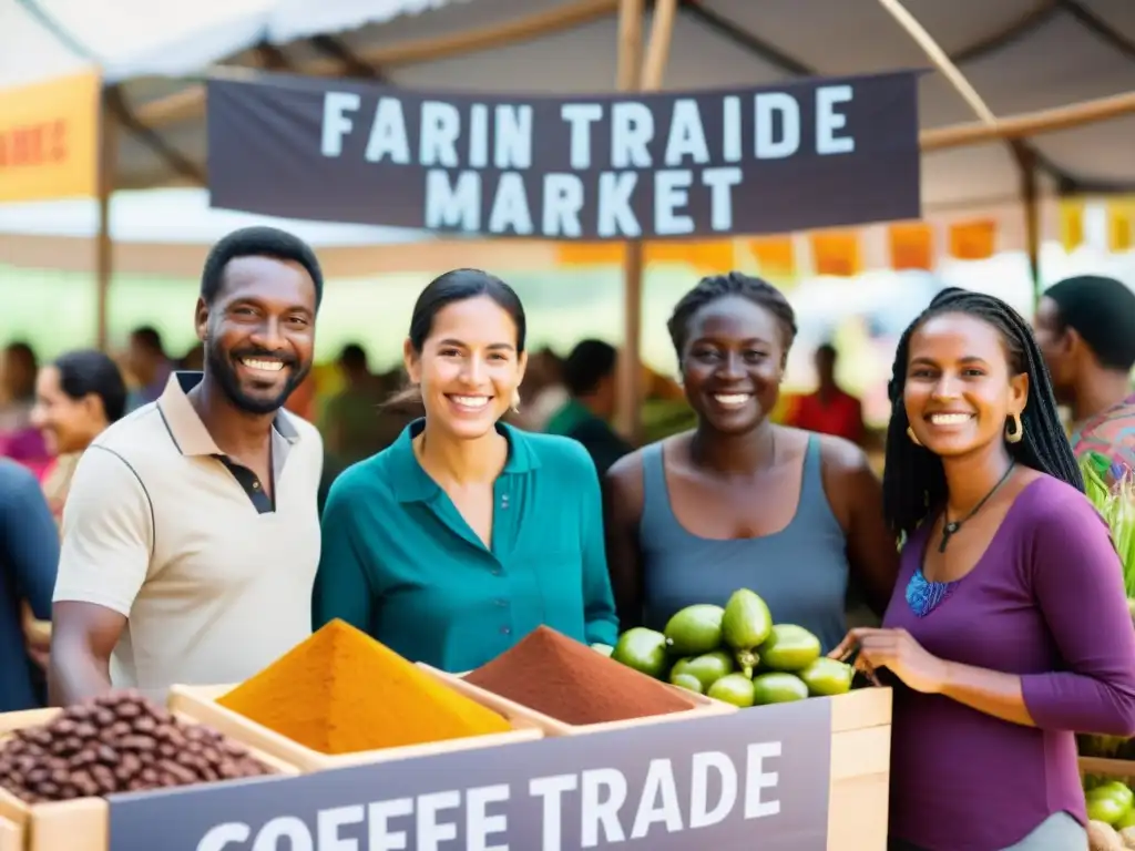 Un vibrante mercado de comercio justo con agricultores sonrientes de diversas culturas, promoviendo el comercio ético en colaboración con ONGs