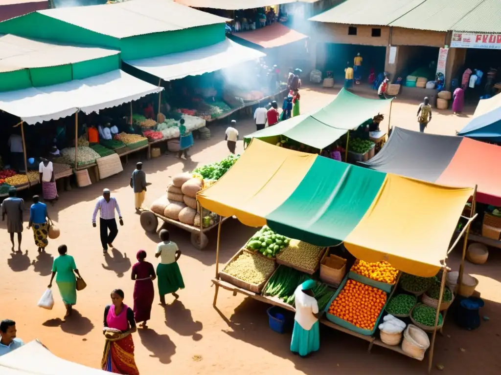 Un vibrante mercado en un país en desarrollo, con puestos de colores y vendedores