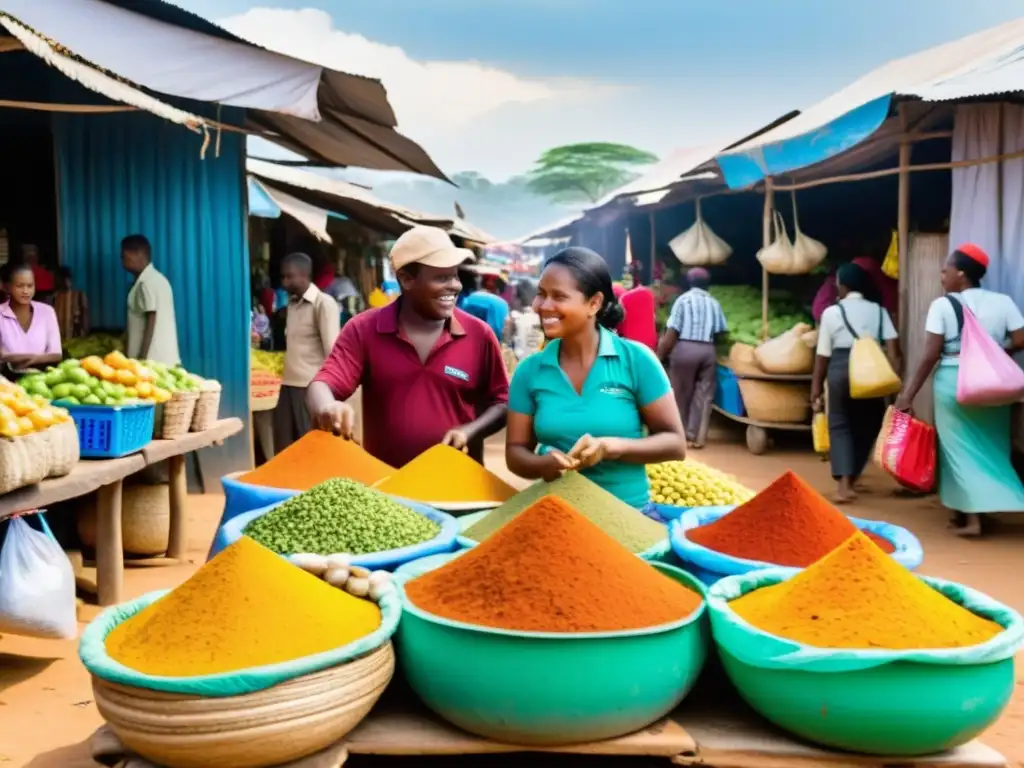 Un vibrante mercado en un país en desarrollo, donde emprendedores venden sus productos