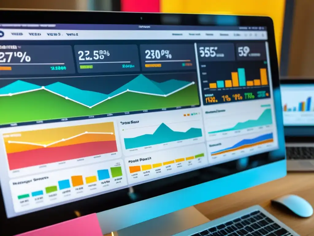 Vibrante panel de analítica web en oficina moderna, reflejando profesionalismo y comprensión del comportamiento de visitantes en línea