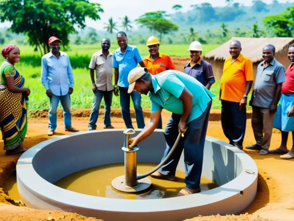 Un vibrante proyecto de agua potable en comunidades, donde miembros locales y ingenieros colaboran para construir un pozo