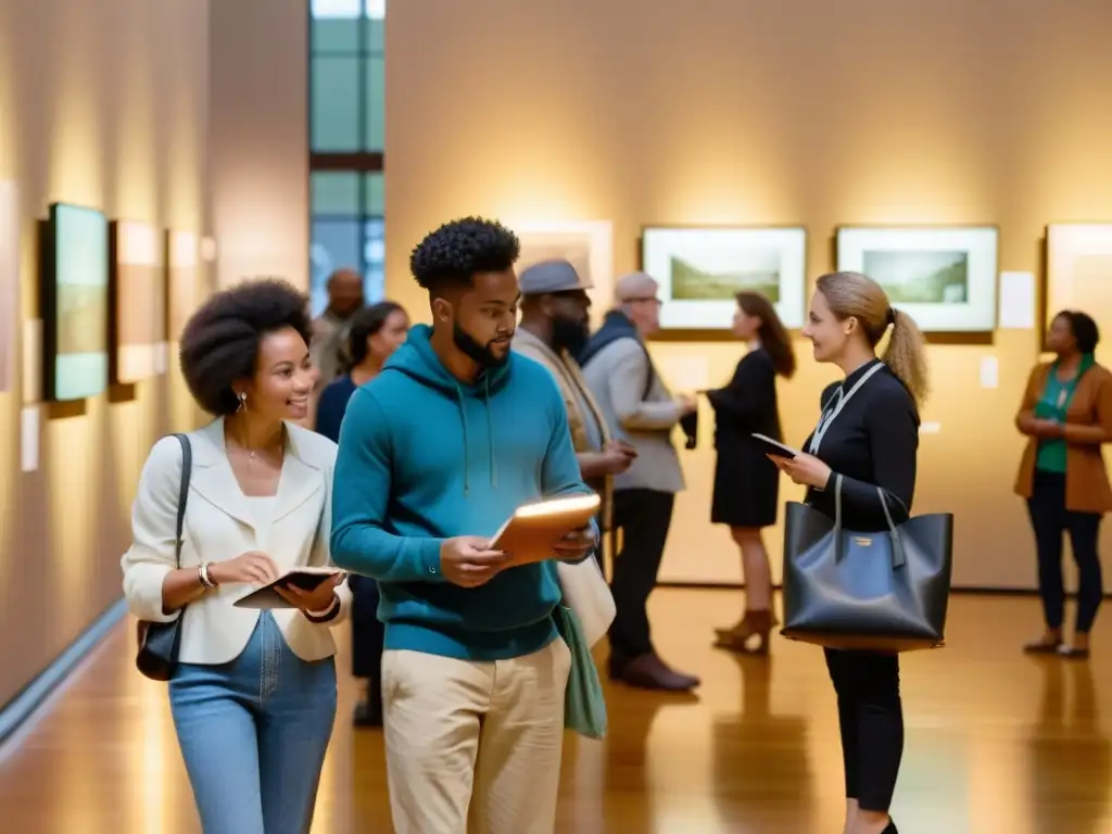 Visitantes disfrutando de arte y cultura en Diplomacia, en un museo con atmósfera tranquila y estimulante