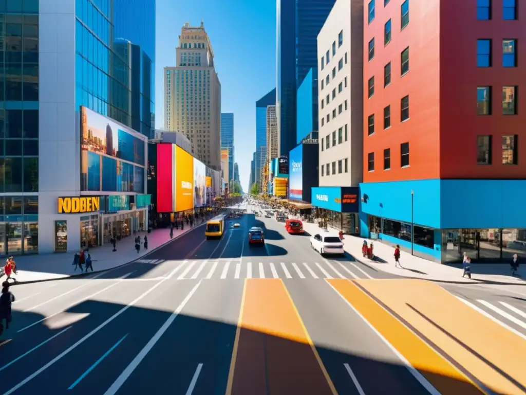 Vista aérea de una bulliciosa calle de la ciudad con gente caminando y coches transitando