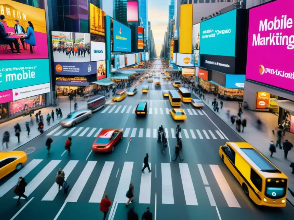 Vista aérea de una bulliciosa calle urbana con personas interactuando con anuncios de marketing móvil en pantallas digitales y vallas publicitarias