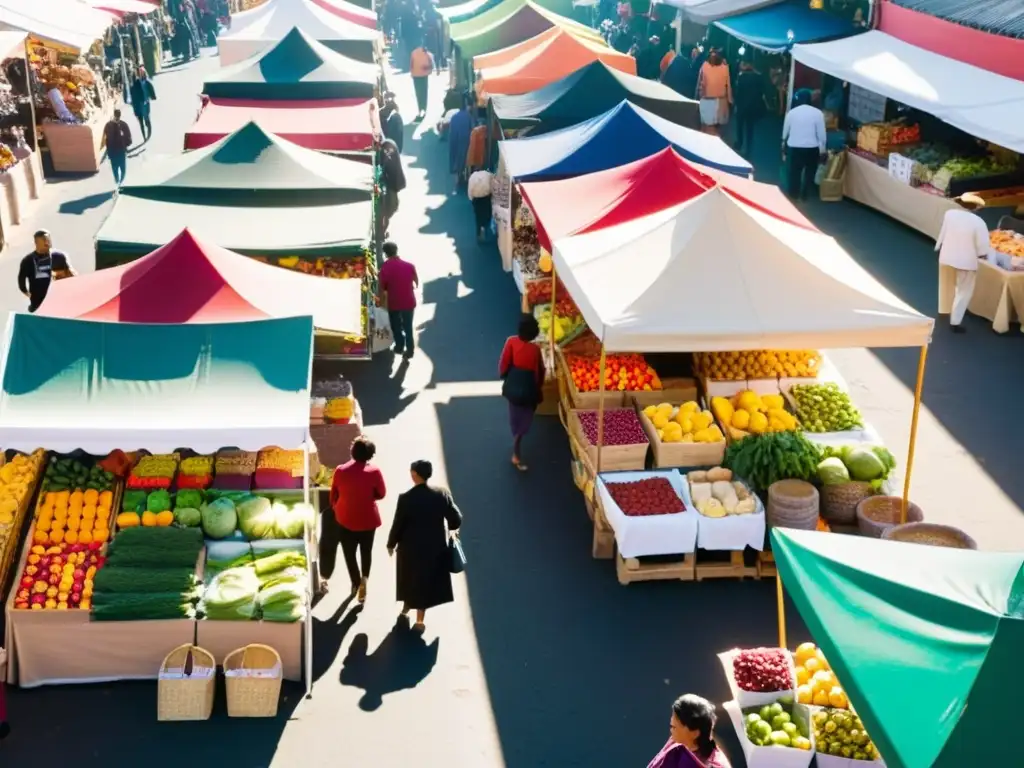 Mercado al aire libre: colores, diversidad y vitalidad Vista aérea de un bullicioso mercado al aire libre con coloridos puestos y personas explorando productos