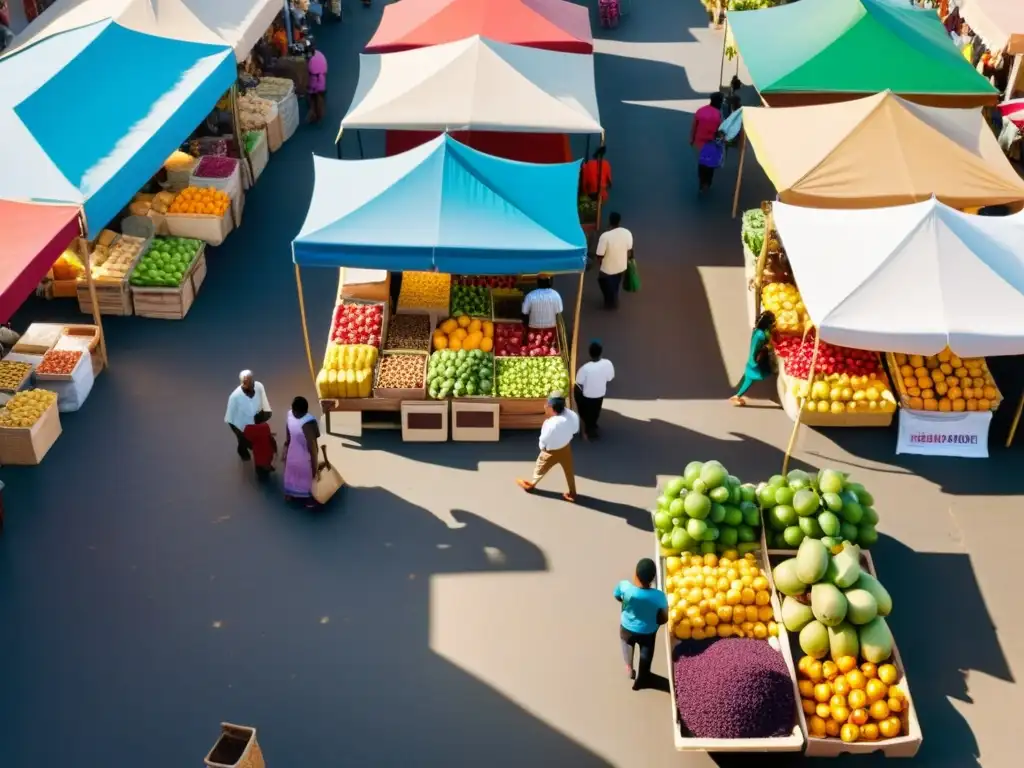 Vista aérea de un bullicioso mercado en una comunidad en desarrollo, con vendedores ofreciendo frutas coloridas, artesanías y diversos productos