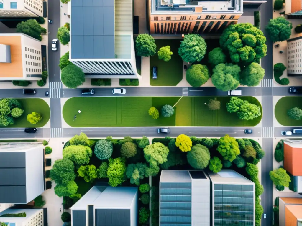 Vista aérea de un centro urbano dinámico con adaptación de políticas públicas postevaluación