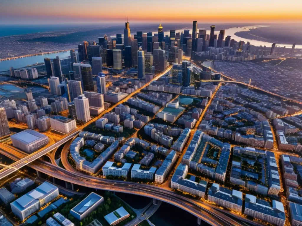 Vista aérea de una ciudad activa al atardecer, con edificios, autopistas y zonas residenciales