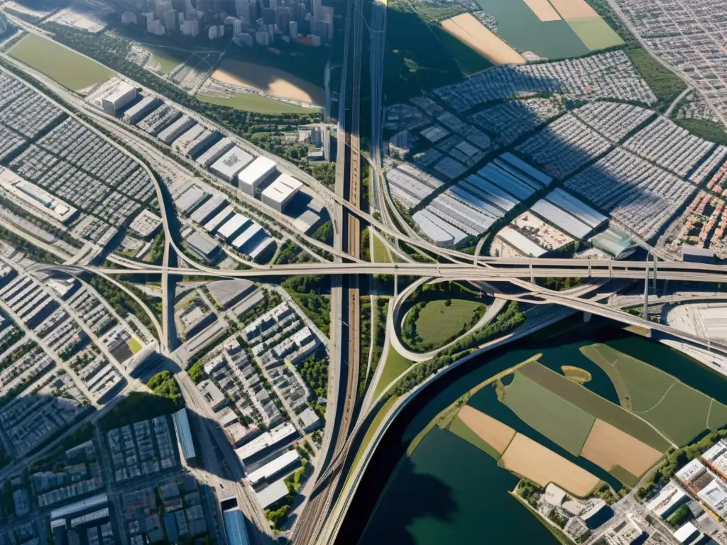 Vista aérea de una ciudad bulliciosa con una compleja red de calles y carreteras, iluminada por el sol