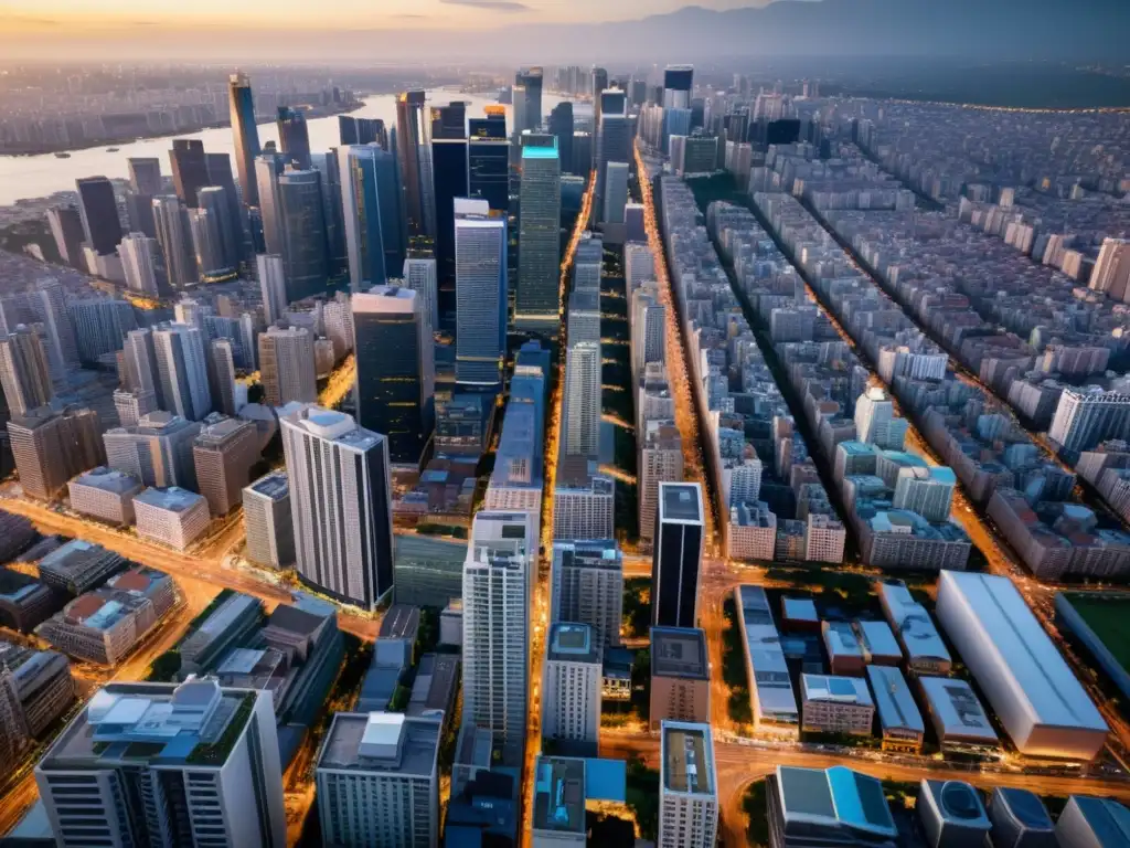 Vista aérea de una ciudad bulliciosa, con calles llenas y rascacielos, reflejando la complejidad del entorno urbano donde las ONGs aplican estrategias de monitoreo de políticas para mejorar la vida de las personas