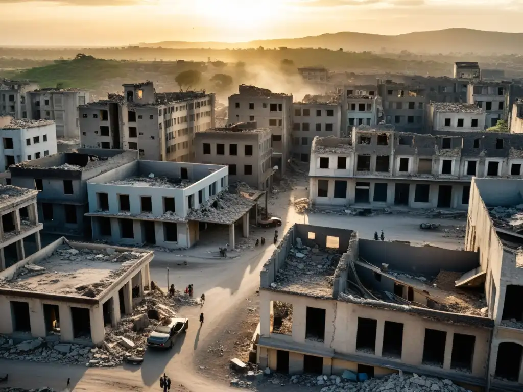 Vista aérea de una ciudad en conflicto, reflejando la gestión de proyectos en zonas de conflicto y la resiliencia de sus habitantes