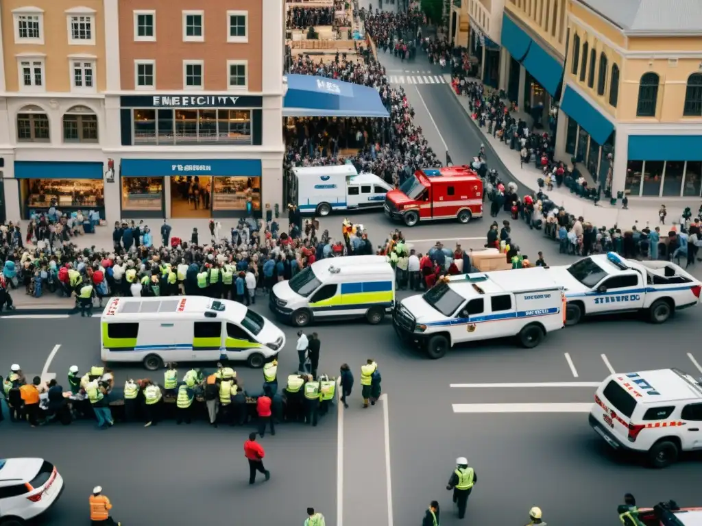 Solidaridad en crisis: ciudad unida en ayuda mutua Vista aérea de una ciudad en crisis, con personas solidarias, vehículos de emergencia y voluntarios distribuyendo ayuda