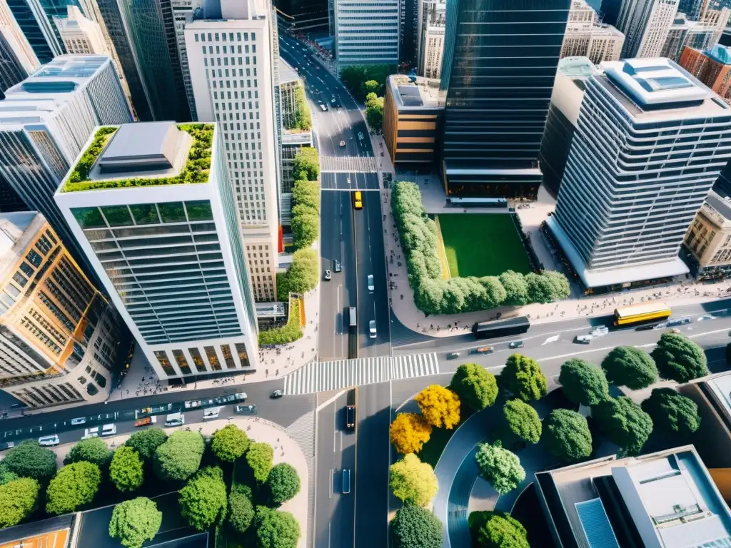 Vista aérea de una ciudad dinámica con rascacielos modernos y edificios históricos, reflejando la energía y diversidad de la vida urbana