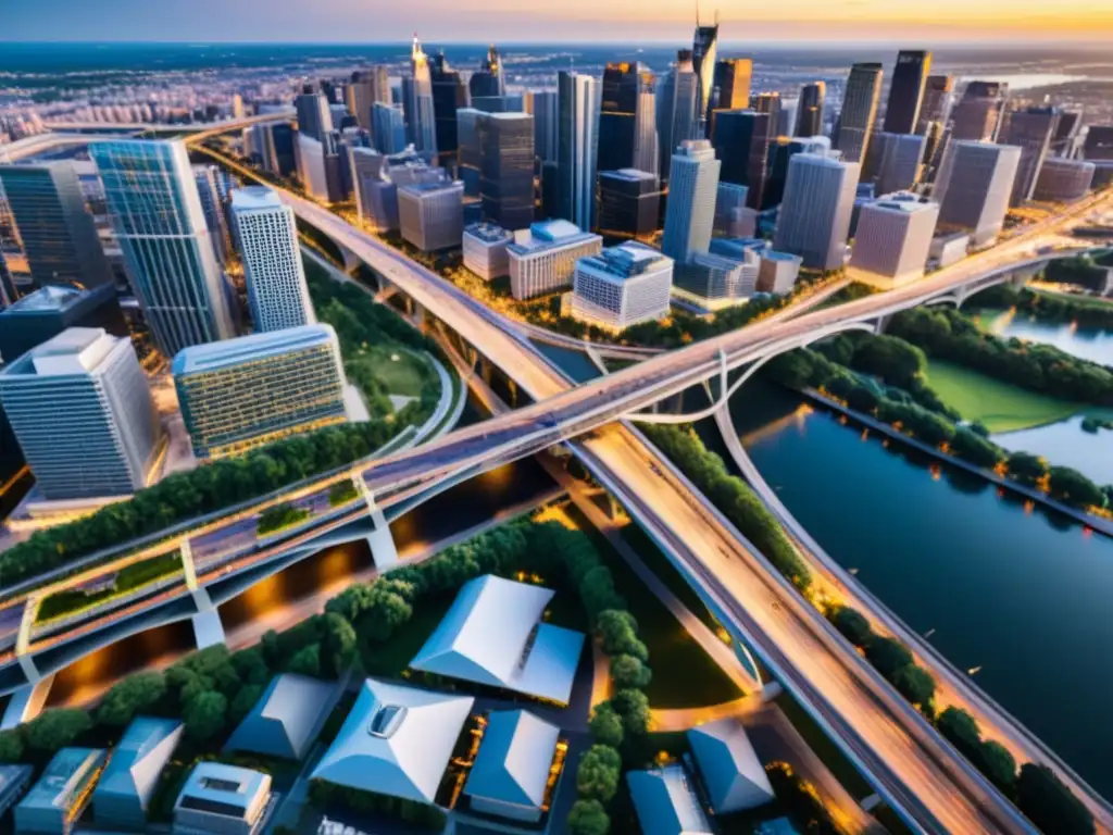 Vista aérea de una ciudad de rascacielos y puentes, representando las mejores prácticas en gestión de relaciones interorganizacionales