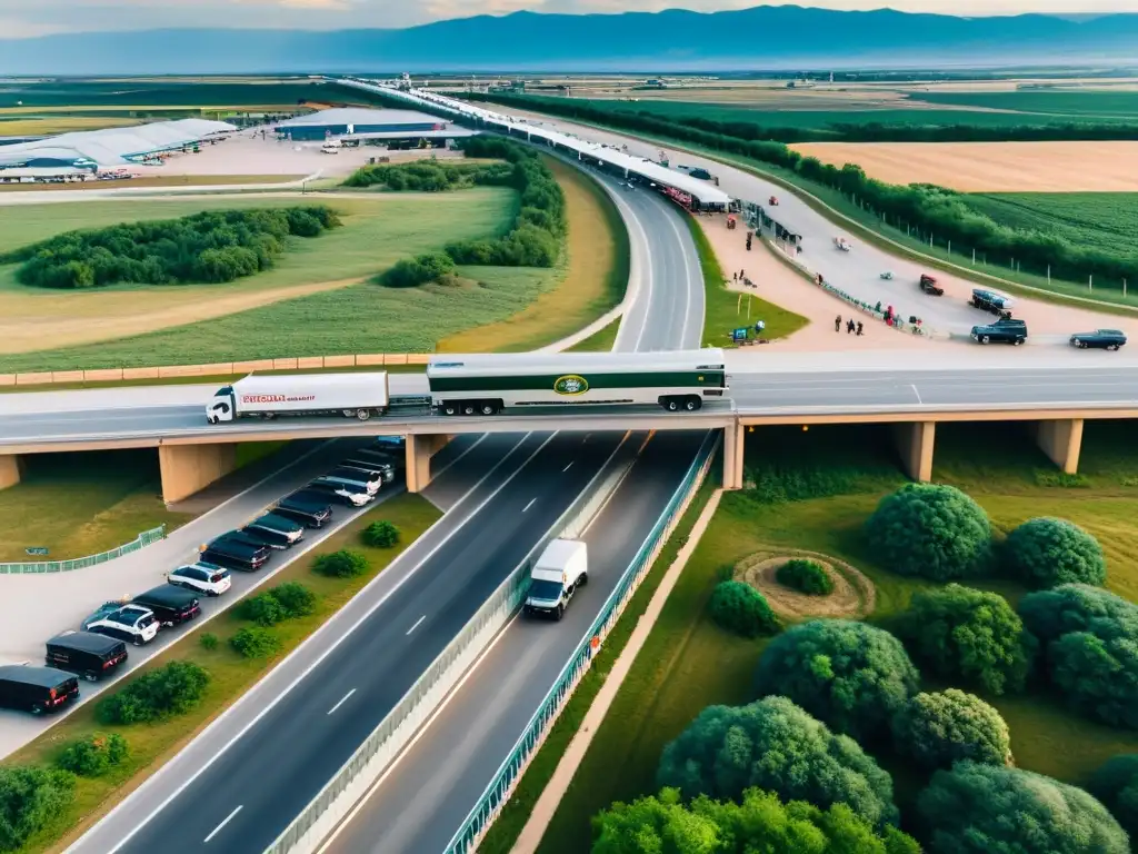 Vista aérea de cruce fronterizo con ONGs como puentes en relaciones internacionales