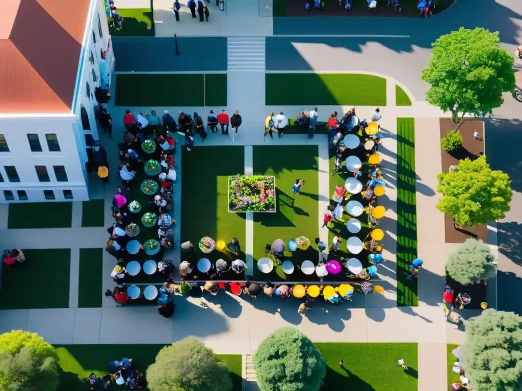 Vista aérea de encuentro comunitario vibrante en plaza pública, reflejando diversidad, inclusión y colaboración