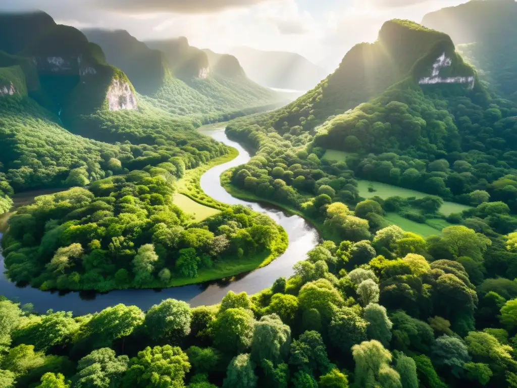 Vista aérea de un exuberante bosque verde con luz solar filtrándose a través del dosel, destacando la rica biodiversidad