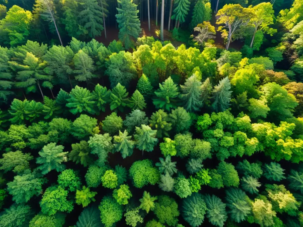 Vista aérea de un exuberante bosque con luz solar filtrándose entre las hojas, creando sombras hipnóticas en el suelo del bosque