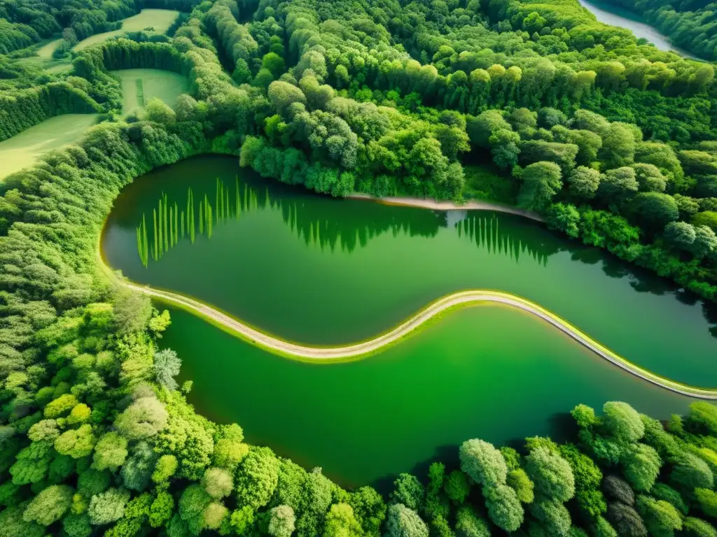 Vista aérea de un exuberante bosque con un río serpenteante