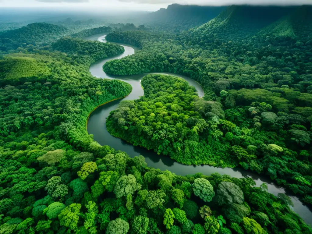 Vista aérea de un exuberante y diverso bosque lluvioso con un río serpenteante, resaltando la importancia de estrategias sostenibles para ONGs