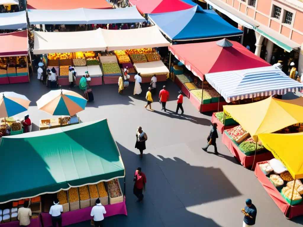 Vista aérea de mercado diverso y vibrante, con actividad comercial sostenible y diversificación de ingresos para ONG