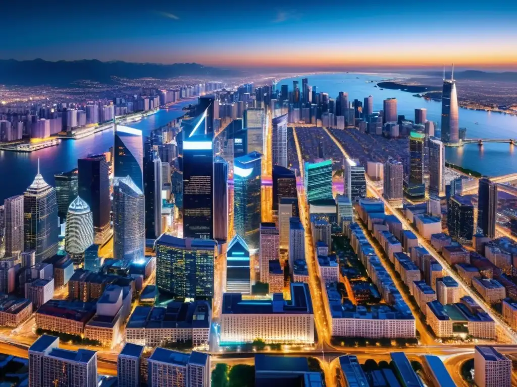 Vista aérea nocturna de una bulliciosa ciudad, con luces brillantes de rascacielos y calles, creando un mosaico urbano