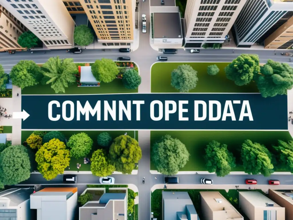 Vista aérea de una zona urbana con oficinas de ONGs y centros comunitarios, ilustrando la integración de aplicaciones de Big Data en ONGs