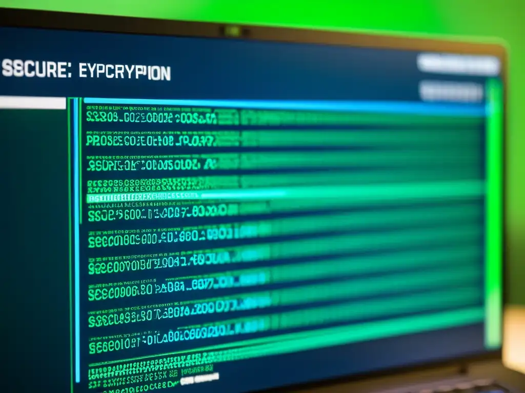 Vista detallada de la encriptación de datos para ONGs en pantalla, con códigos y algoritmos, en tonos de azul y verde