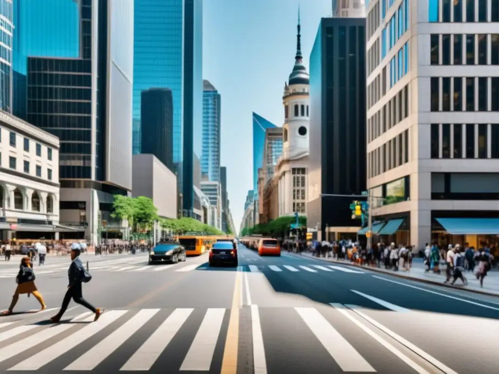 Vista panorámica de una bulliciosa calle de la ciudad, con gente, autos y rascacielos, capturando la energía y actividad de la vida urbana