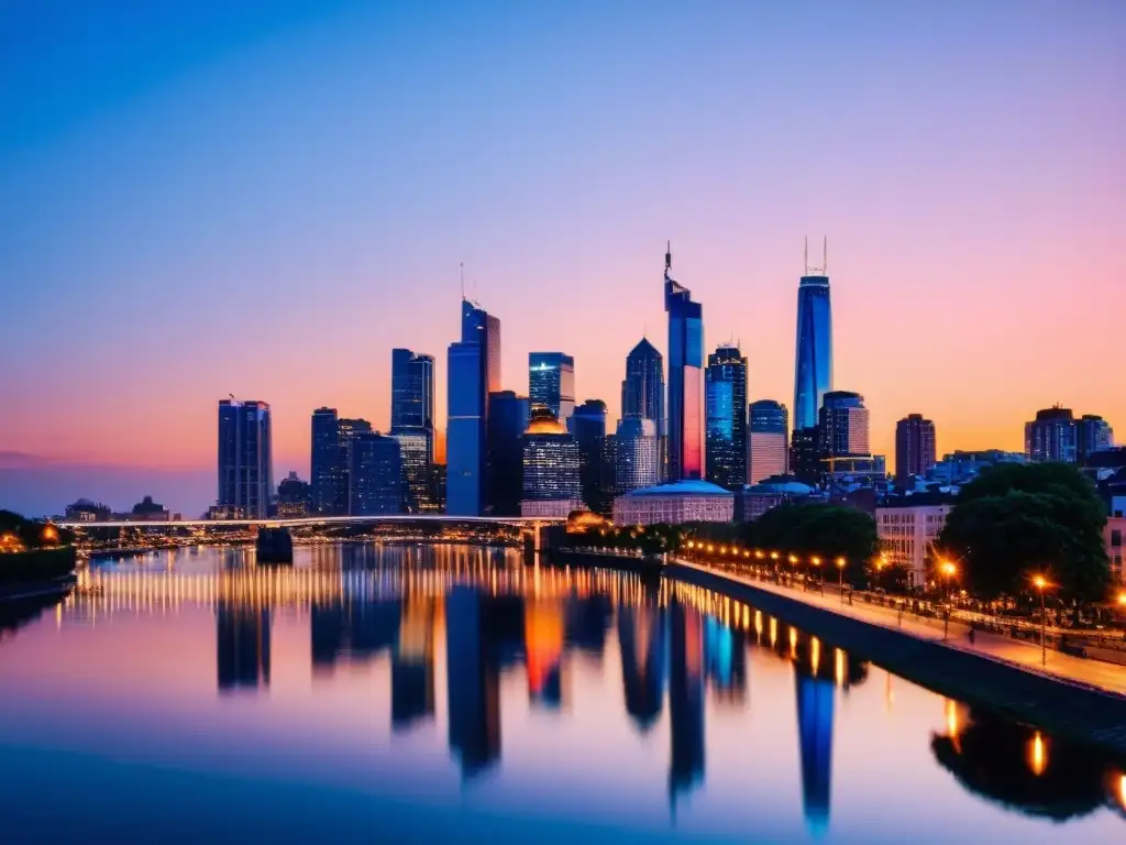 Vista panorámica de la ciudad al anochecer, reflejada en el río