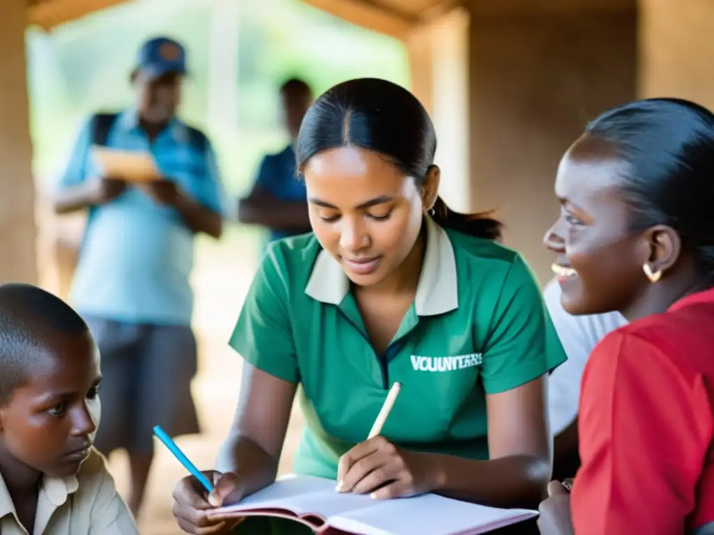 Una voluntaria de ONG elaborando informes de impacto en comunidad rural