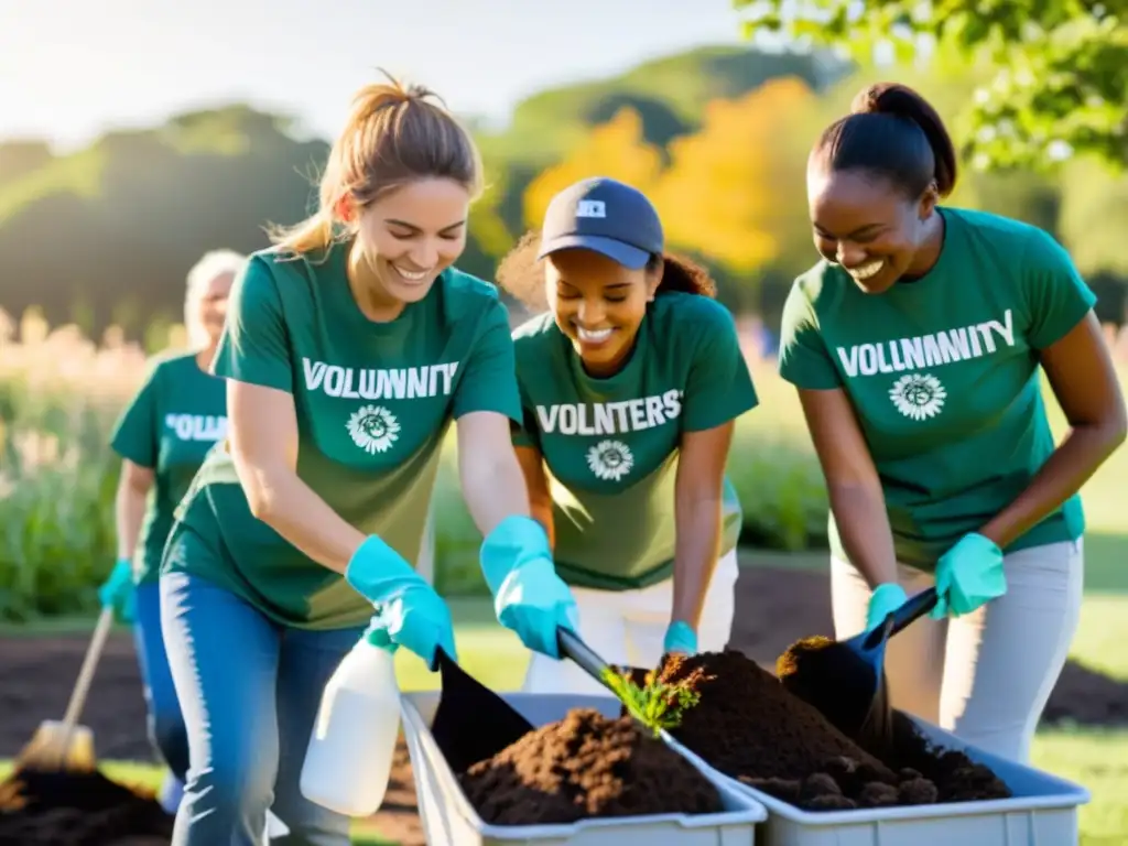 Voluntariado comunitario gestionando impacto local mientras limpian un parque al atardecer